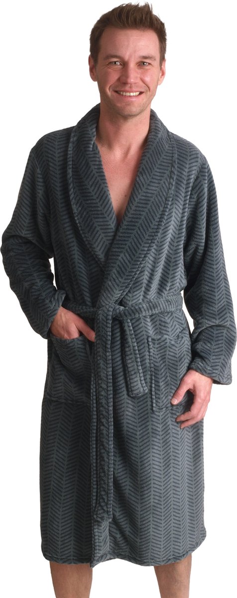Groene badjas heren - zigzag - fleece badjas - kamerjas - warme badjas - zacht - cadeau voor hem - maat M