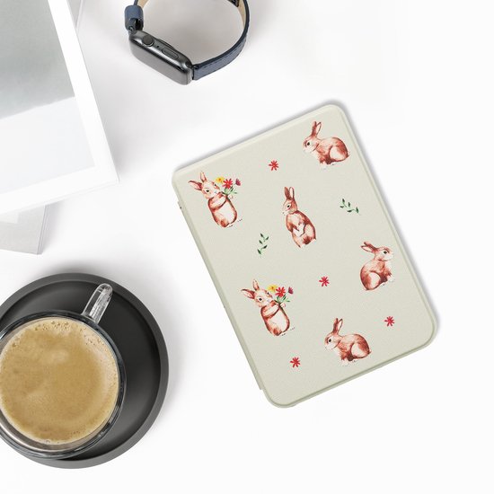 kwmobile e-reader hoesje geschikt voor Kobo Clara BW / Colour hoes - E reader flip case met magnetische sluiting - Ereader cover - Konijntjes en Bloemen design in wit / bruin / grijsgroen van Merkloos — afbeelding 2