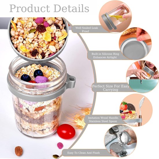 Mason Potten voor Overnight Oats: 6 Pack Overnight Haver Containers met Deksels en Lepels - 16oz Glazen Voedsel Opslag Containers voor Melk, Granen, Fruit - Havermout potten/Inblikken potten/Voedsel