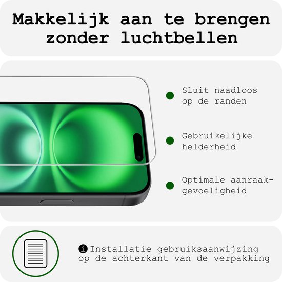 iPhone 16 screenprotector: makkelijk aan te brengen, naadloos op de randen, helder en gevoelig voor aanraking.