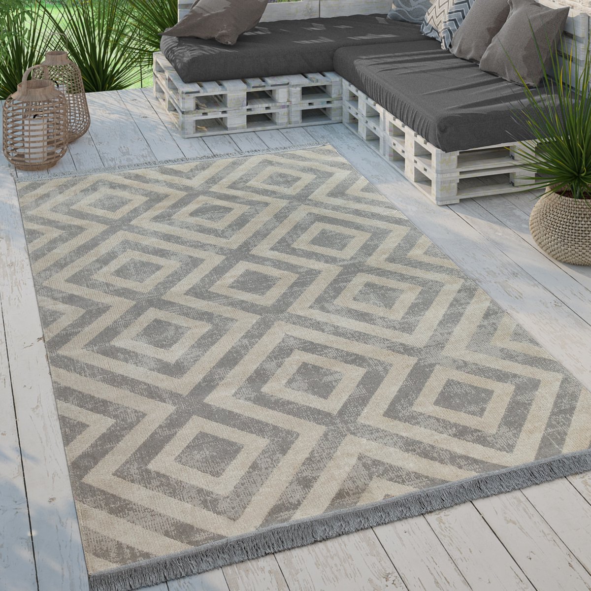 Paco Home Platgeweven tapijt voor binnen en buiten met modern ruitmotief voor terras en balkon 60x100 cm