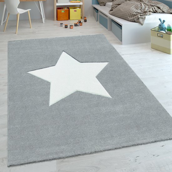 TT Home Vloerkleed Kinderkamer Meisjes Jongens Straat Dierlijk Motief Beer Vos Boom, Kleur: Grijs Wit, Maat:80 cm rond
