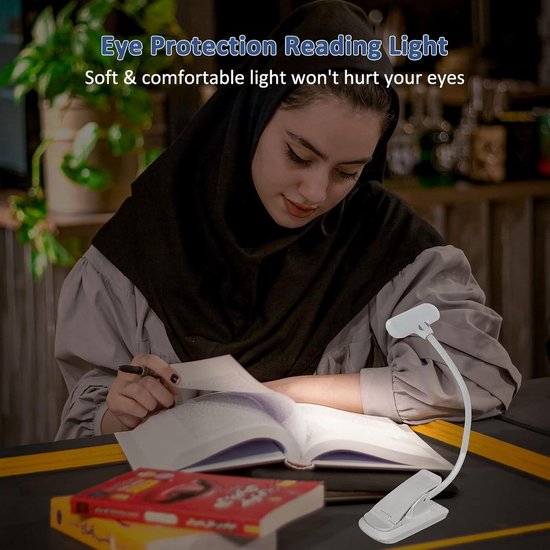 USB Rechargeable Book Reading Lamp, Dimming 3 Colors LED Clip on Book Light for Reading in Bed, Car