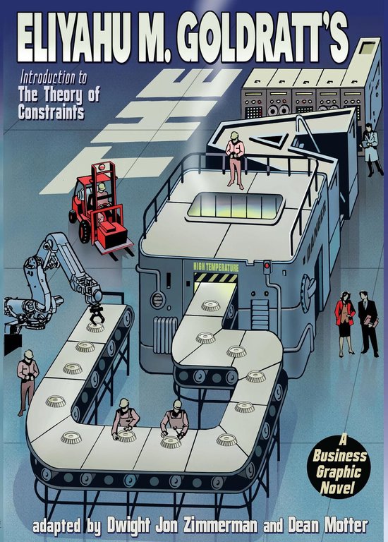 Couverture du livre "Introduction to The Theory of Constraints" d'Eliyahu M. Goldratt. Illustration d'une usine avec des chaînes de montage et des robots.