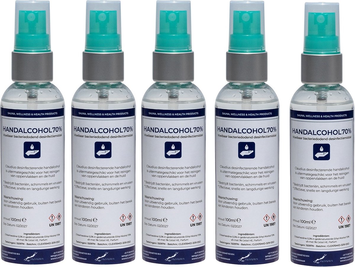 Goedkoopste Handalcoholspray 70 - 100 ml met groene verstuiverdop - set van 5 Stuks