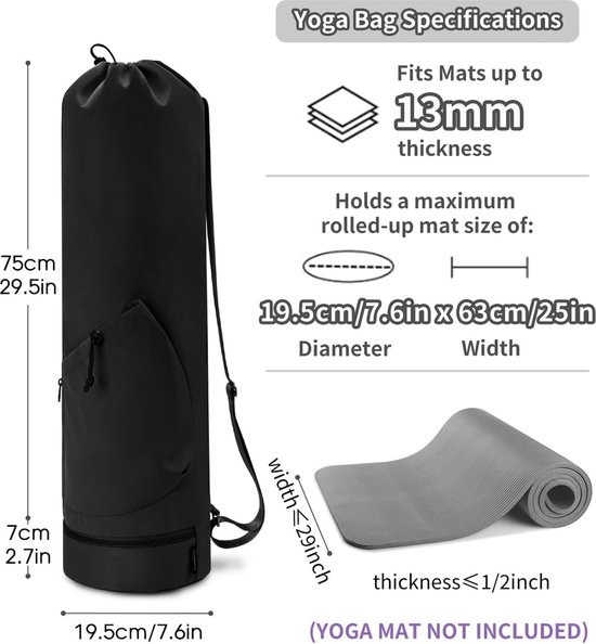 Yogamat Tas Drager - Schoudertas - Sportpad-rugzak - Yogamattas - Yogamatdrager - Yogamattas met waterfleszak en natte zak aan de onderkant, sportyogamat draagt ​​multifunctionele opbergtas - 1 Stuks Zwart 78x19cm van Merkloos — afbeelding 2