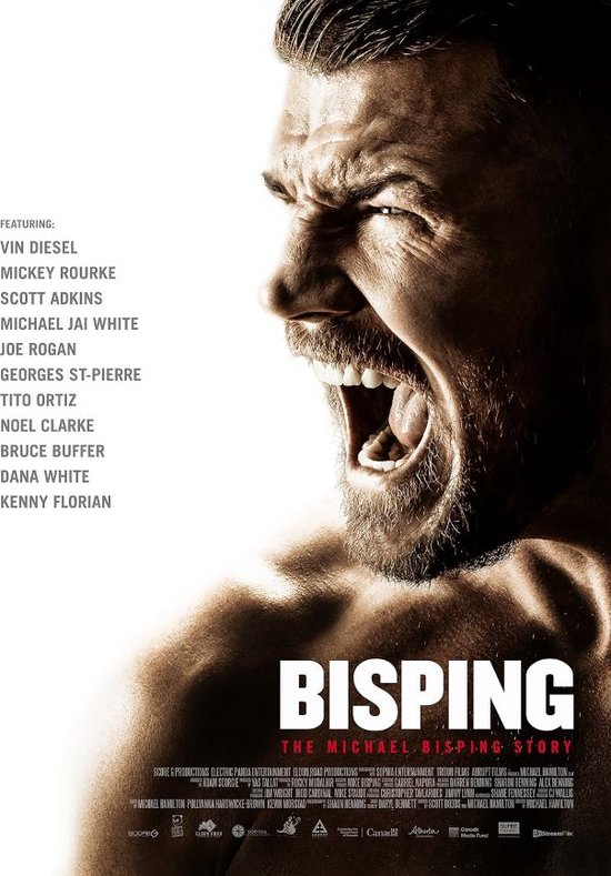 Film poster met close-up van een schreeuwende man met baard, getiteld 'Bisping The Michael Bisping Story'.