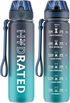 Bol.com BOTC Waterfles - 1000ml - BPA vrij - Tritan - Waterfles met Rietje - Waterfles met tijdmarkering - Blauw/Grijs aanbieding
