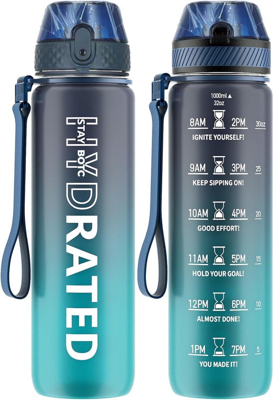 BOTC Waterfles - 1000ml - BPA vrij - Tritan - Waterfles met Rietje - Waterfles met tijdmarkering - Blauw/Grijs