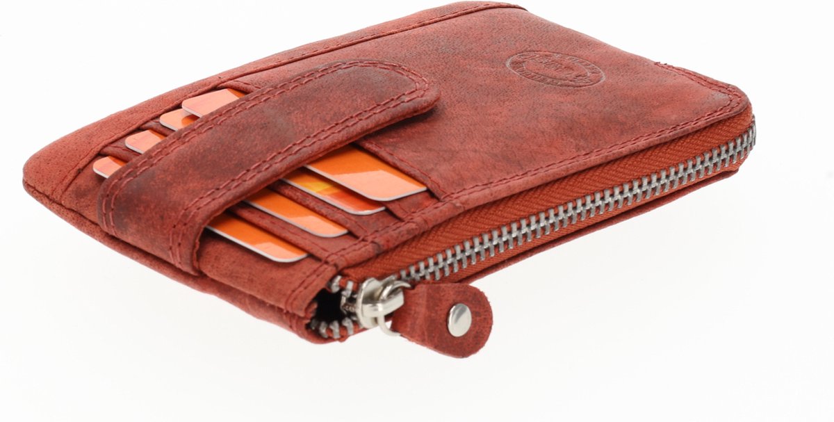 Kleine portemonee voor dames & heren - Met 2 sleutelhanger & 4 pasjeshouder - portemonnee unisex anti skim - echt leren portemonnee | 12.5x8x1cm - rood