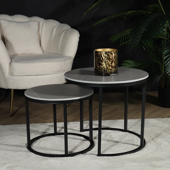 Table basse ronde 2 pièces aspect marbre table d'appoint grise Lotte table d'appoint en pierre