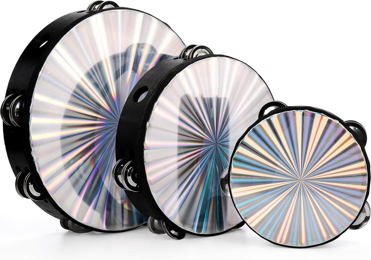 Stralende tamboerijn met dubbele rij jingles - 3-pack 15/20/25 cm handdrum - reflecterend - voor volwassenen - kerk dans feest KTV