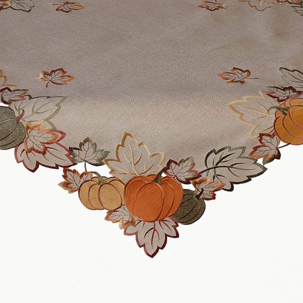 Tafelkleed - Herfst - Pompoenen - Ecru - Bruin - oranje - groen - bladeren - gouddraad - Vierkant 110 cm