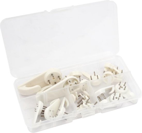 Een transparante opbergdoos met verschillende maten witte haken met stalen spijkers.