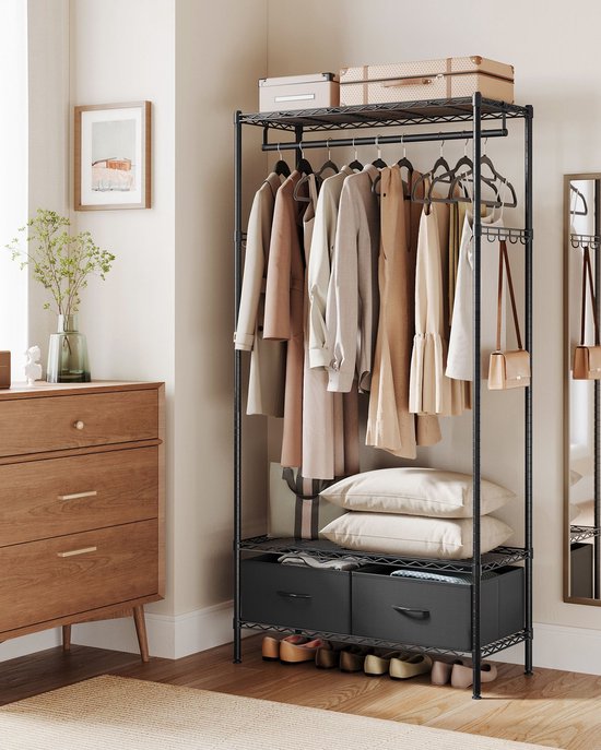 SONGMICS Kledingrek met wielen, kledingrek, met dichte gaasplank, 2 remmen, stevig stalen frame, zwart UHSR25BK