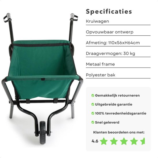 Groene opvouwbare kruiwagen met zwart frame, specificaties.