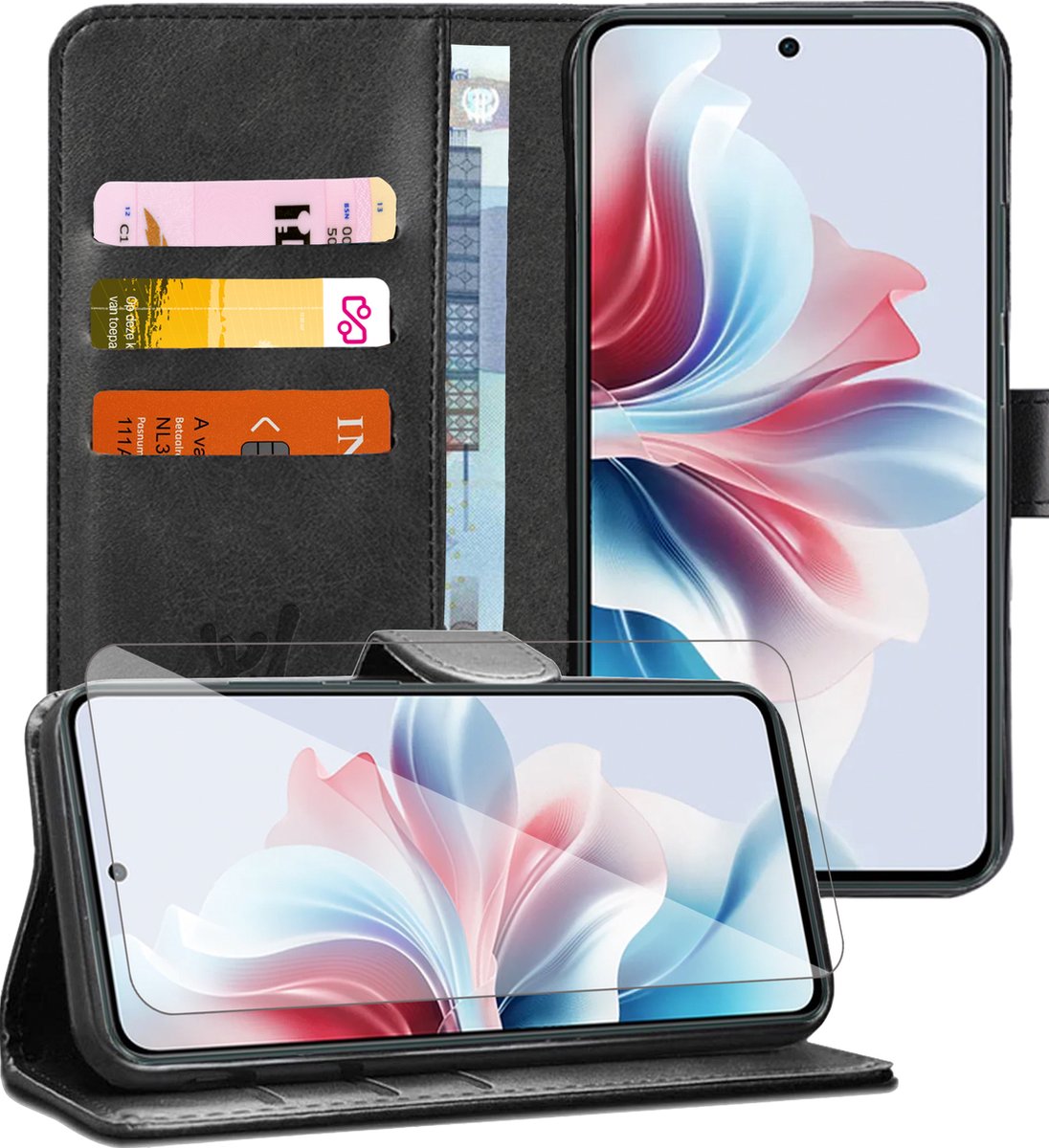 Hoesje geschikt voor Oppo Reno 11F - Screenprotector Glas - Portemonnee Book Case Zwart