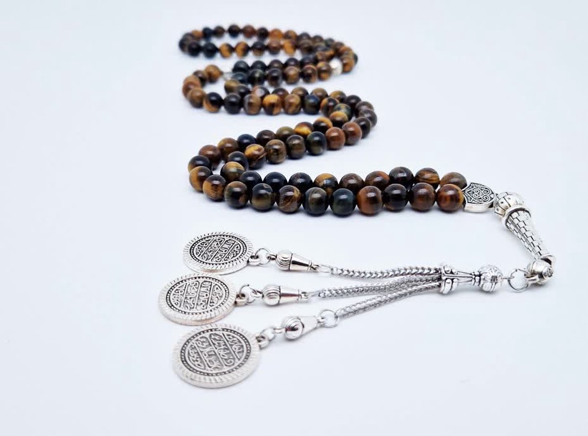 Handgemaakte tesbih natuursteen "Tijgeroog" - Aantal kralen 99 - Diameter kralen 8MM - met metaal tassel "Qustantinia" - Een mooi cadeau-idee