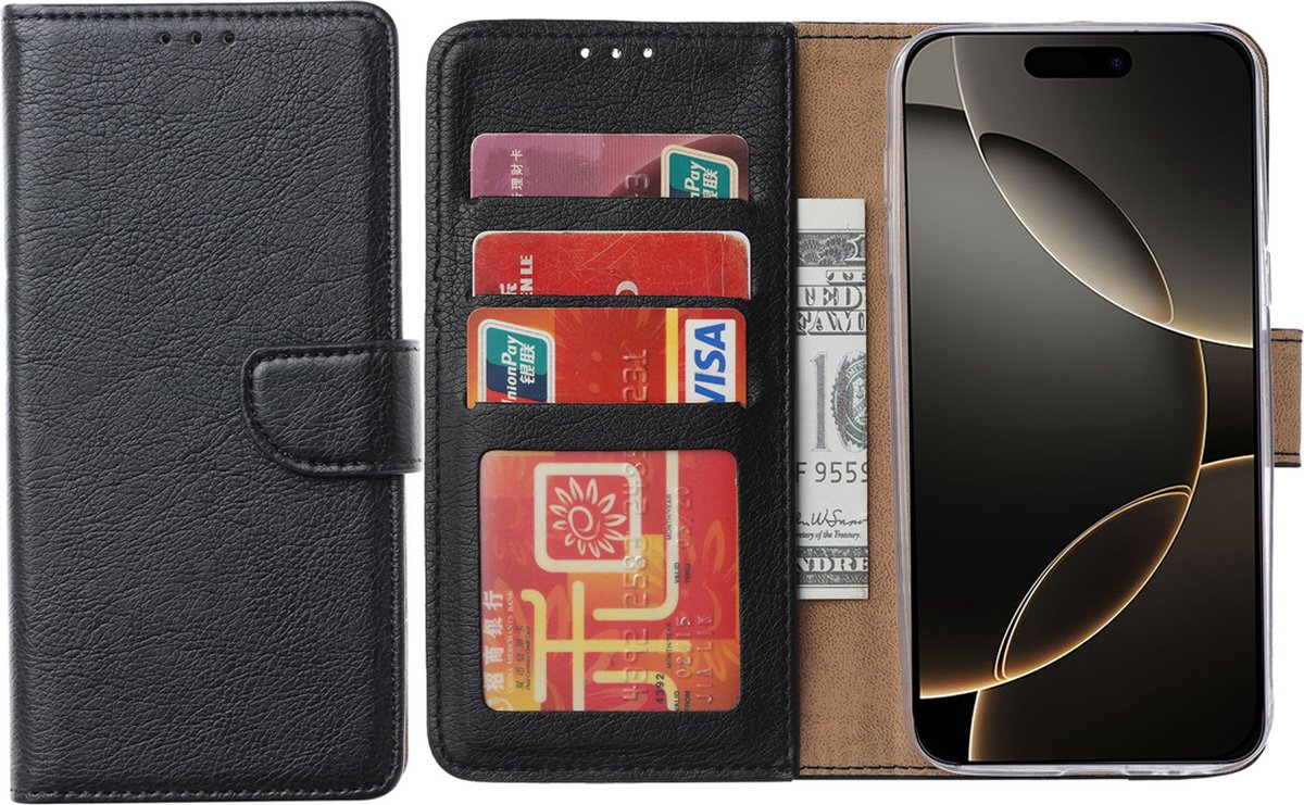 Hoesje Geschikt voor iPhone 16 Pro – Arara bookcase met pasjeshouder - Zwart