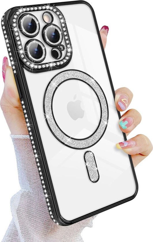 Coque magnétique adaptée pour : iPhone 15 Plus [compatible avec Magsafe] Sparkle Clear Glitter Luxe Antichoc Antidérapant Filles Femmes – Coque en TPU souple – Zwart