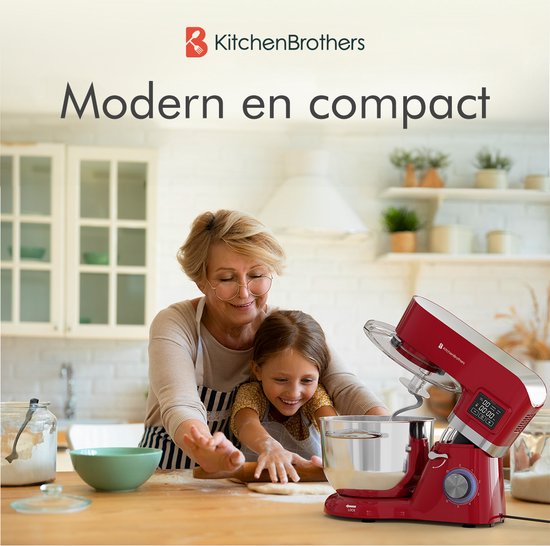 KitchenBrothers Keukenmachine - Display en Timer - Keukenrobot - 6,2L - Keukenmixer - 1400W - Rood van KitchenBrothers — afbeelding 2