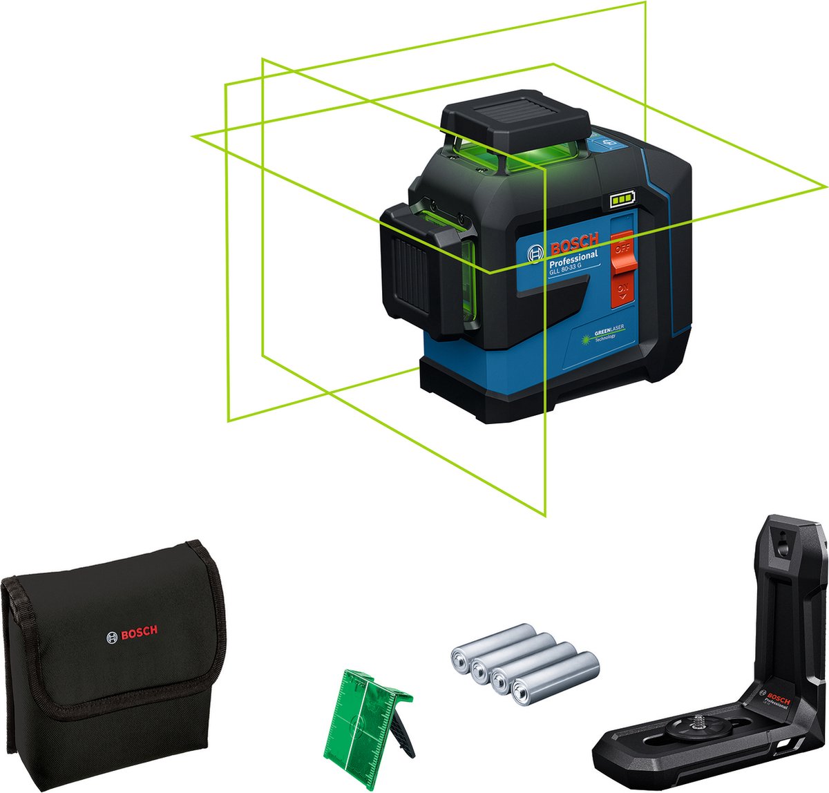 Bosch Professional GLL 80-33 G - Lijnlaser - (4x batterij 1,5V LR6 (AA), laserrichtbord, houder LB10, alkalinebatterij-adapter, tas)