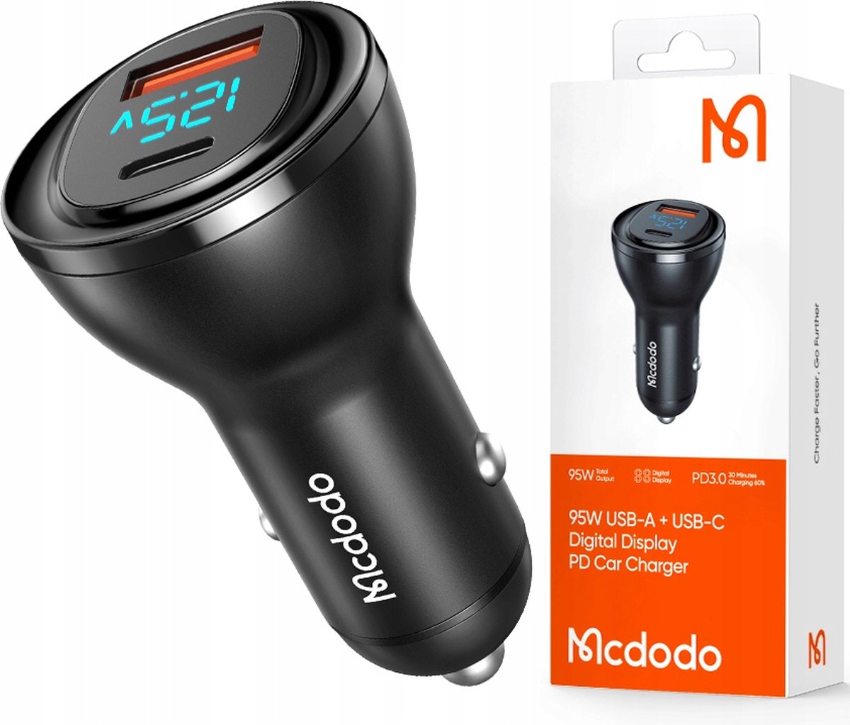 Mcdodo® GaN Autolader - Oplader - Voor telefoon - USB-C USB-A - 95W