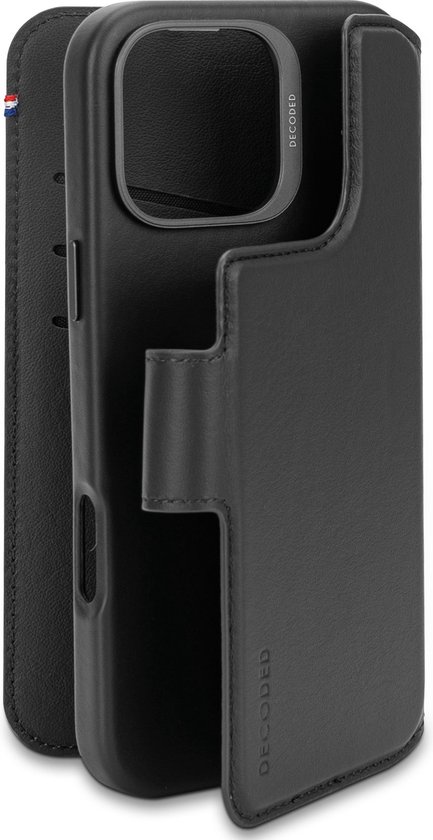 DECODED Étui portefeuille amovible en cuir pour iPhone 16 Pro Max – Étui magnétique amovible 2 en 1 avec porte-cartes – Cuir ECCO de Premium – Compatible avec MagSafe – Zwart