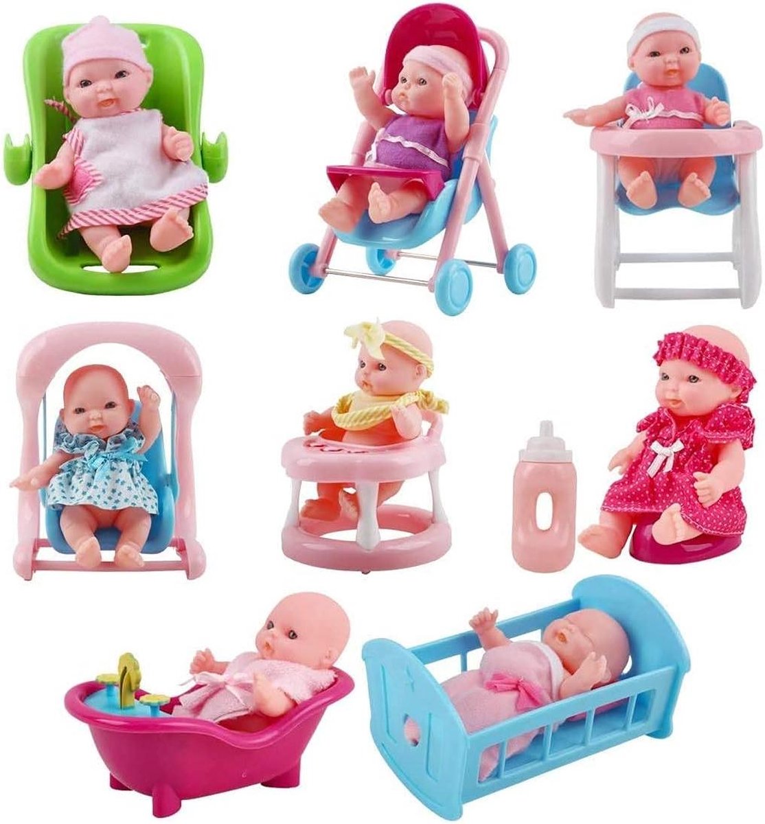 Set van 8 Mini 5 Babypoppen met Accessoires Wandelwagen Badkuip Kinderbedje Kinderstoel poppenstoel
