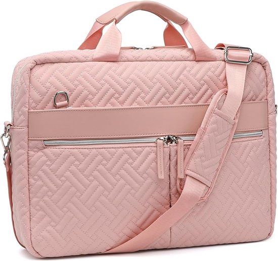 Foto: Laptoptas voor dames roze 15 6 inch veel vakken 40 x 30 x 7 cm aktetas voor vrouwen laptopschoudertas gouden details tas voor laptop met schouderband laptop sleeve hoes afneembare schouderriem waterbestendig