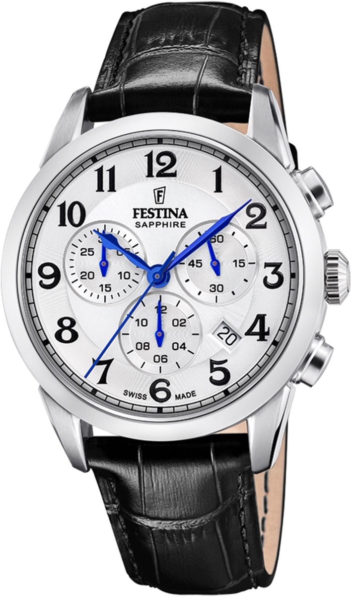 Festina F20041-1 Heren Horloge - Chronograaf - Mineraalglas - Roestvrijstaal-Leer - Zilverkleurig - Ø 41 mm - Quartz - Gesp - 10 ATM (zwemmen)