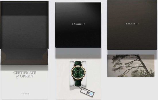 Corniche Heritage Chronograph CRN-016J - Acier Goud - Cuir vert - Fermoir papillon - Étanche 5ATM - Verre saphir - Montre homme