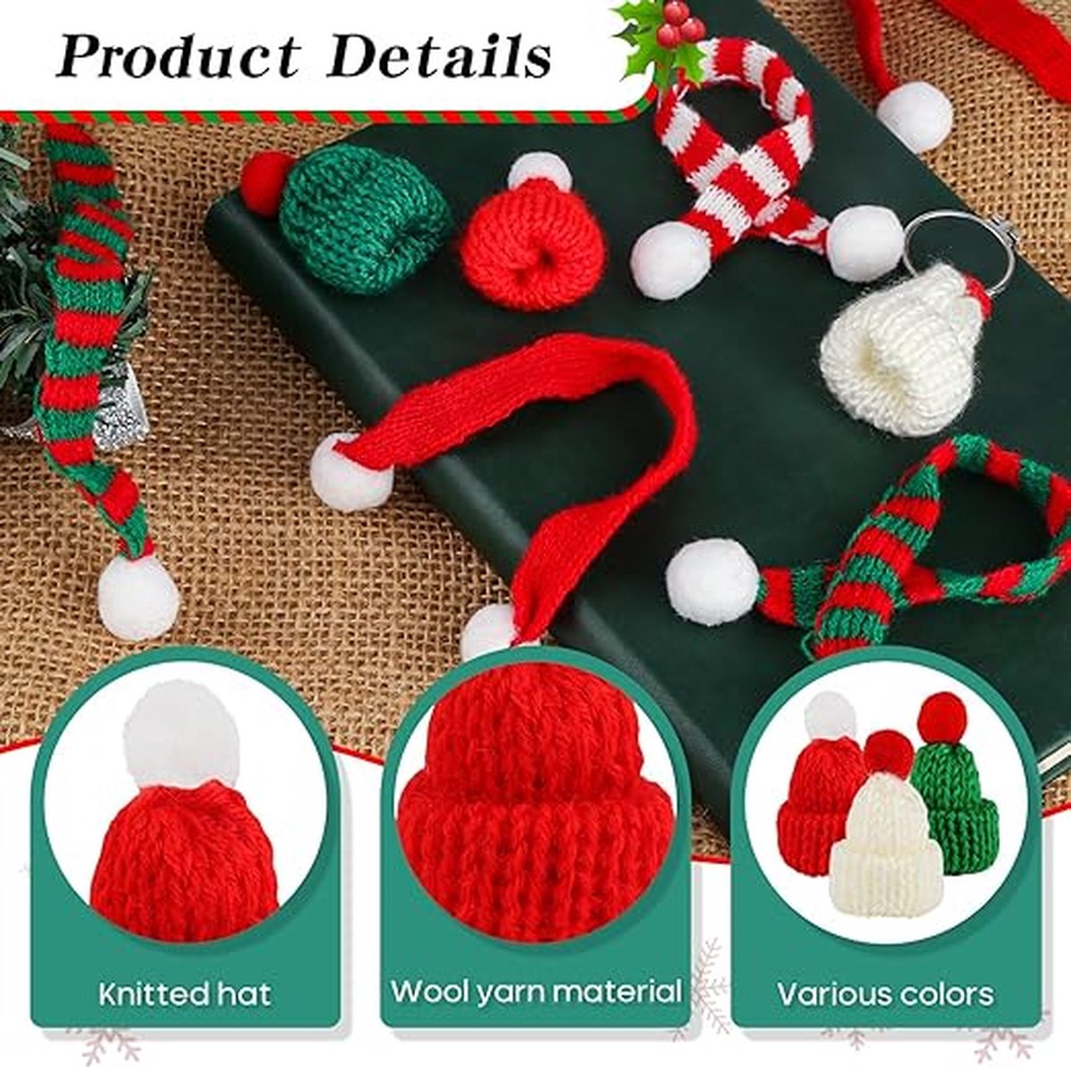 BOFUNX Set van 24 mini-kerstmutsen en sjaals, kleine kerstmuts, kerstsjaal voor kerstdecoratie, poppenaccessoires, flessendecoratie, tafeldecoratie, feestdecoratie