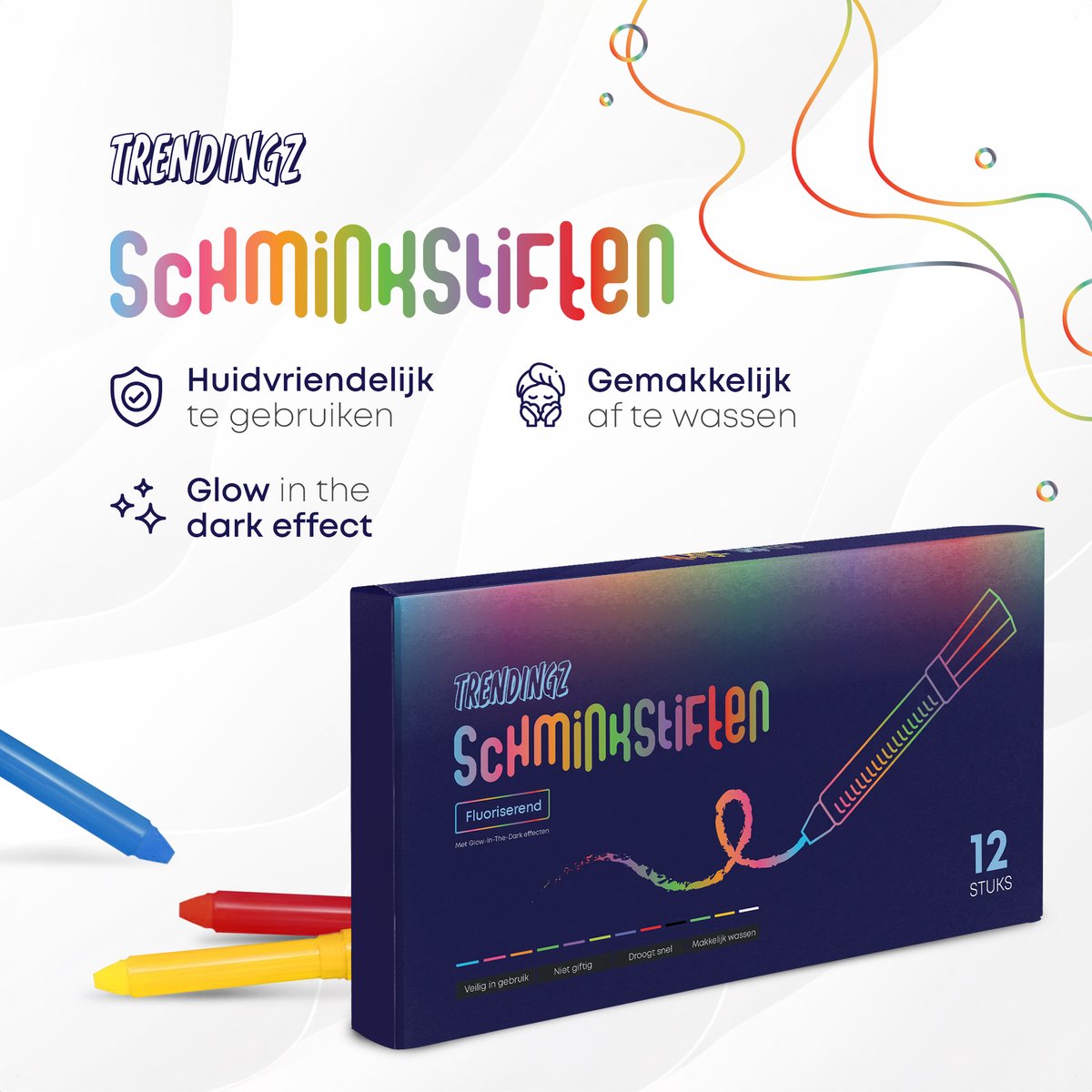 TrenDingz® Schminkstiften - Schmink Set Krijtjes - 12 Stuks Kleuren - Fluoriserend - Glow-In-The-Dark — afbeelding 3