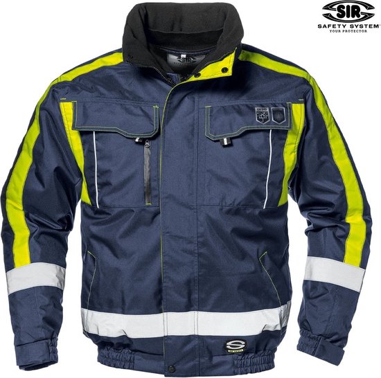 Donkerblauwe werkjas met gele accenten, reflecterende strepen op mouwen en onderkant, en opgestikte borstzakken met logo.