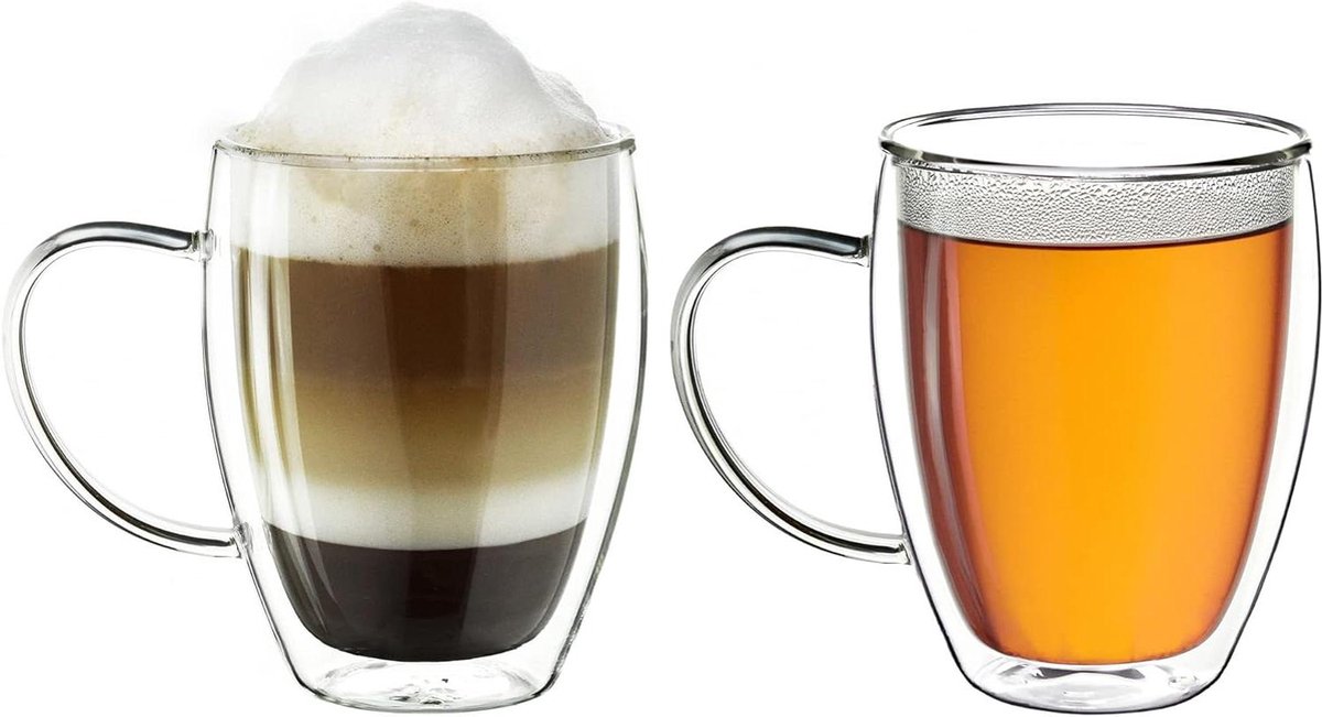 Dubbelwandig thermisch glas met handvat Groot theeglas en koffieglas van borosilicaatglas 2 x 250 ml dubbelwandige theeglazen