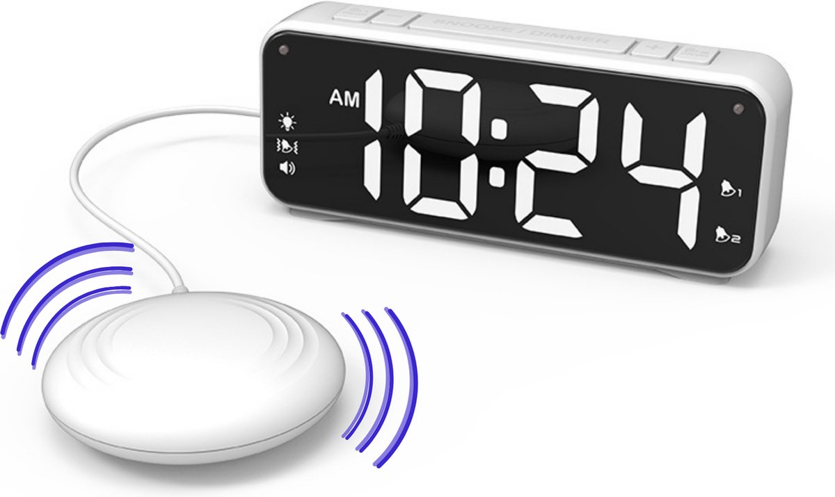Trilwekker voor Slechthorenden en Doven – Digitale Wekkerradio met Trilkussen – Bed Shaker Alarmklok met Luid Alarm, Snooze en LED Display – Wekker voor Diepe Slapers en Gehoorproblemen - Moeite met wakker worden - Prostec