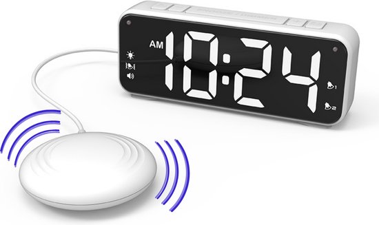 Foto: Trilwekker voor slechthorenden en doven digitale wekkerradio met trilkussen bed shaker alarmklok met luid alarm snooze en led display wekker voor diepe slapers en gehoorproblemen