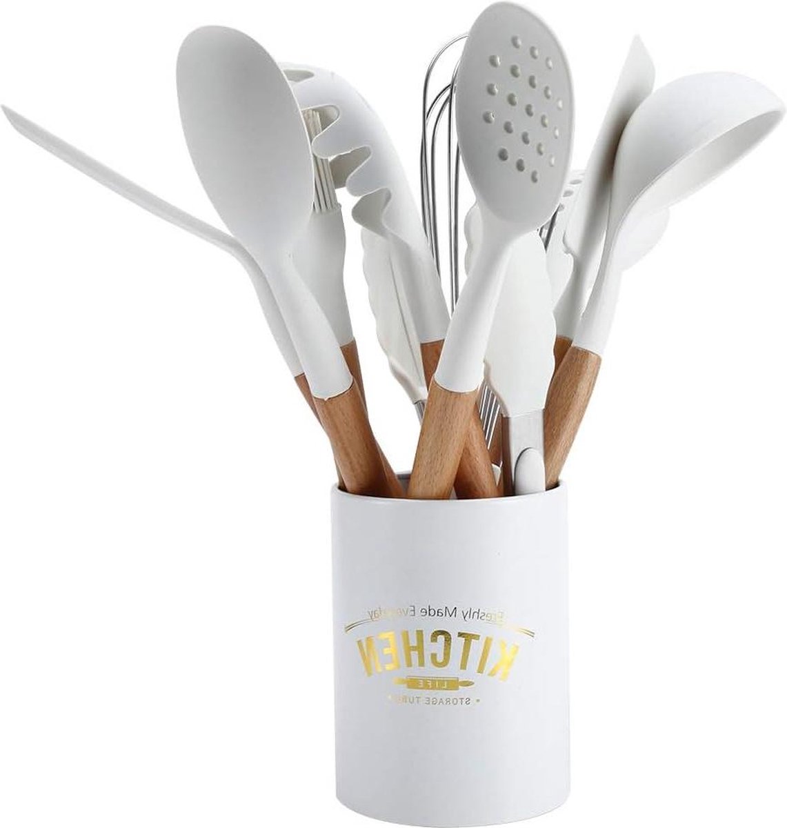 11 Stuk Natuurlijke Houten Handgrepen Silicone Kookgerei Set Kookgereedschap Spatel Lepel Keukengadgets Wit