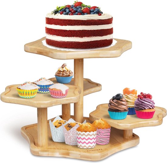 Foto: Bamboe taartstandaard in wolkvorm voor 50 cupcakes houten cupcake toren met 5 trappen patentdesign trapsgewijs dienblad cupcake houder cupcake standaard