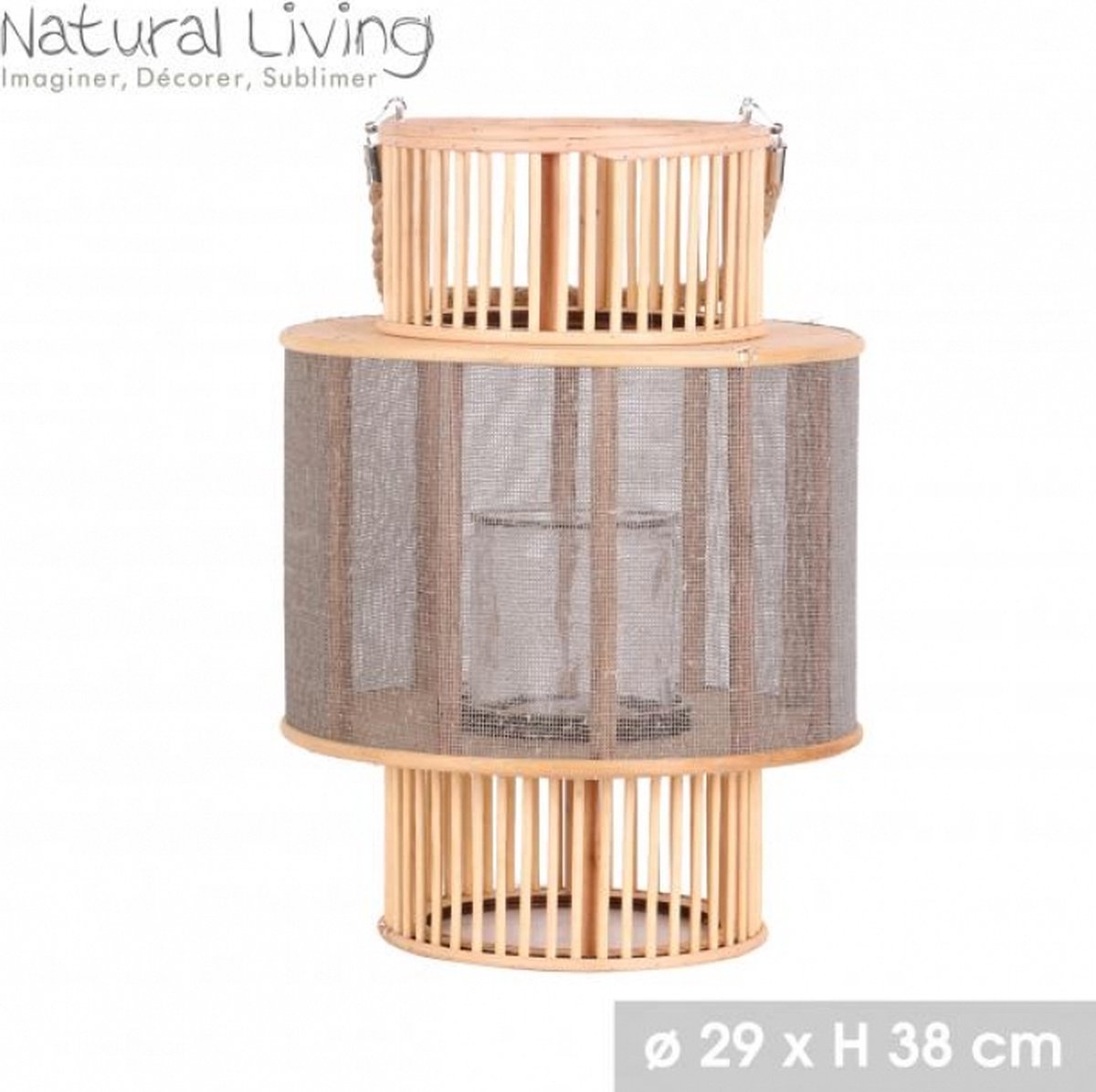 "NATURAL LIVING" SATO LANTAARN HOUTEN HONINGRAAT KAARSHOUDER GLAS D29XH38CM