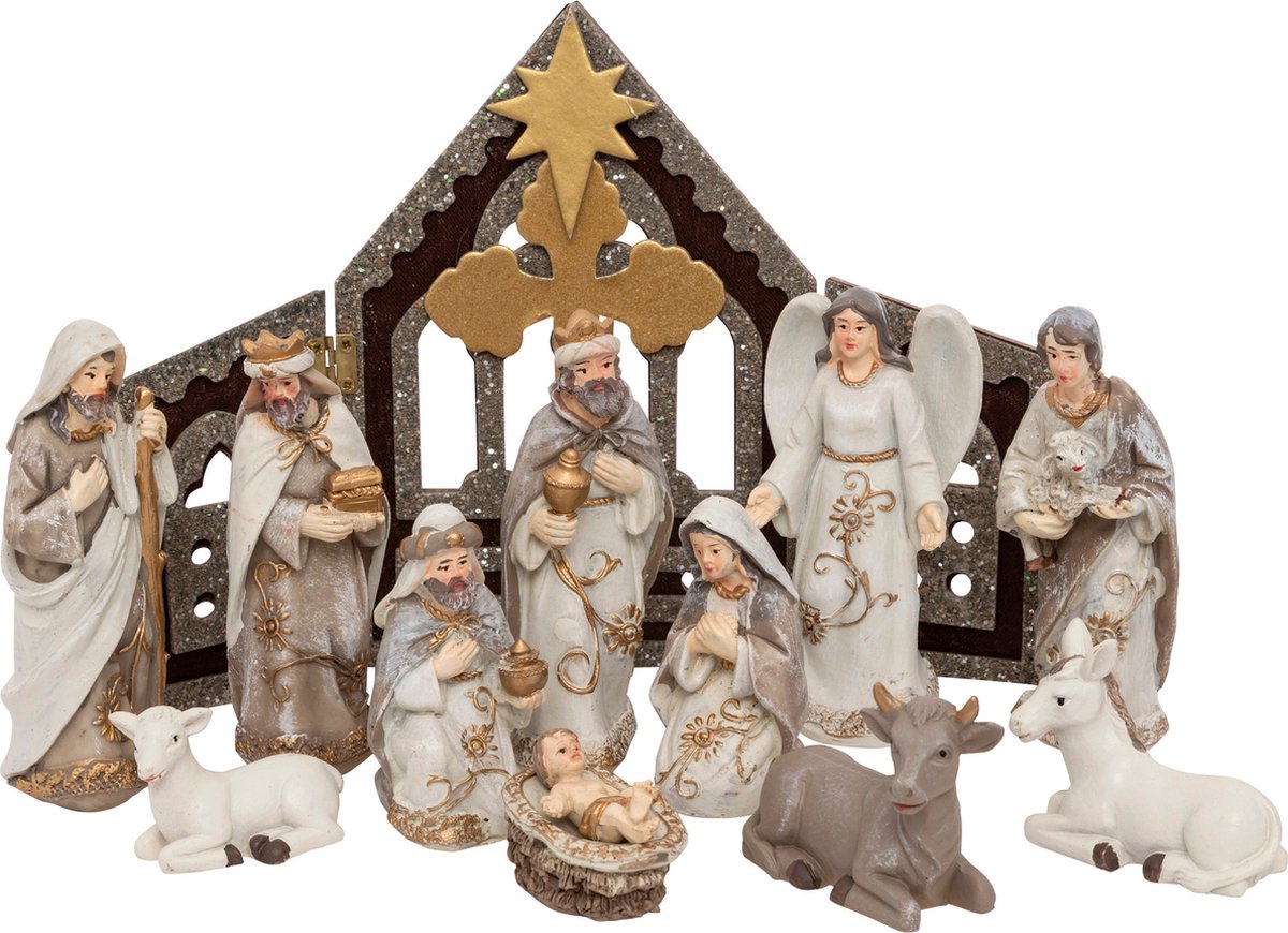 Feeric Lights & Christmas Complete kerststal - met 11 beelden - 19 x 13 x 25 cm - MDF/polyresin - decoratie