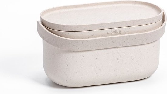 Ivoorkleurig bio-plastic aanrechtbakje met een licht beige deksel en handvat. De bak heeft kleine spikkels.
