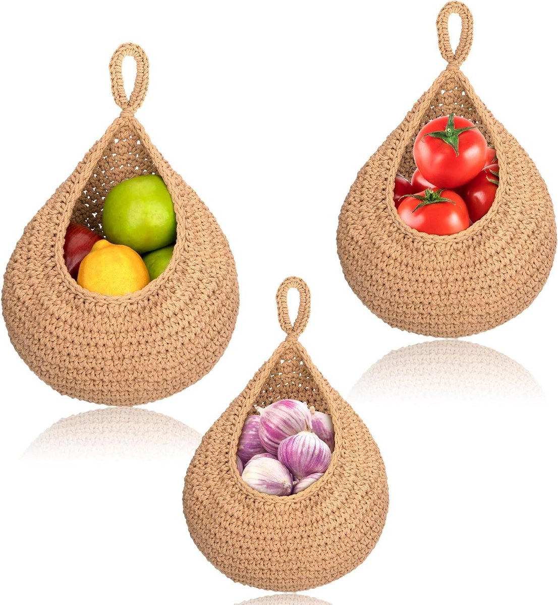 Jute touw hangmand in druppelvorm, handgeweven, voor het opbergen van knoflook, ui, fruit en groenten