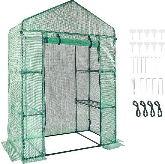Groene kas met stalen frame, 4 planken en inclusief accessoires zoals haringen en tie-wraps.