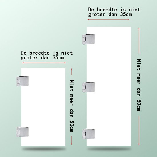 Schematische weergave van glazen deuren met scharnieren, met maximale afmetingen: 35cm breed, 50cm en 80cm hoog.