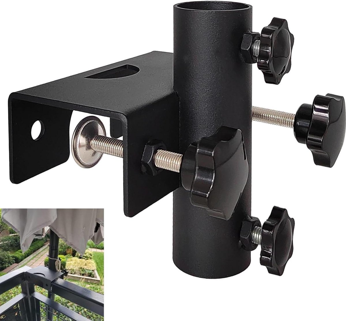 Heavy-duty black umbrella clamp for balcony railing with 20mm-63mm clamping range and 23mm-38mm umbrella diameter.