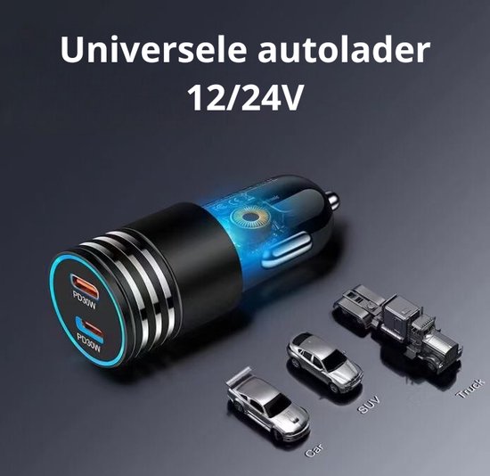 Chargeur de voiture Rolio 60W - 2x USB C - Chargeur rapide - Universel - Chargeur de voiture - Accessoires de voiture