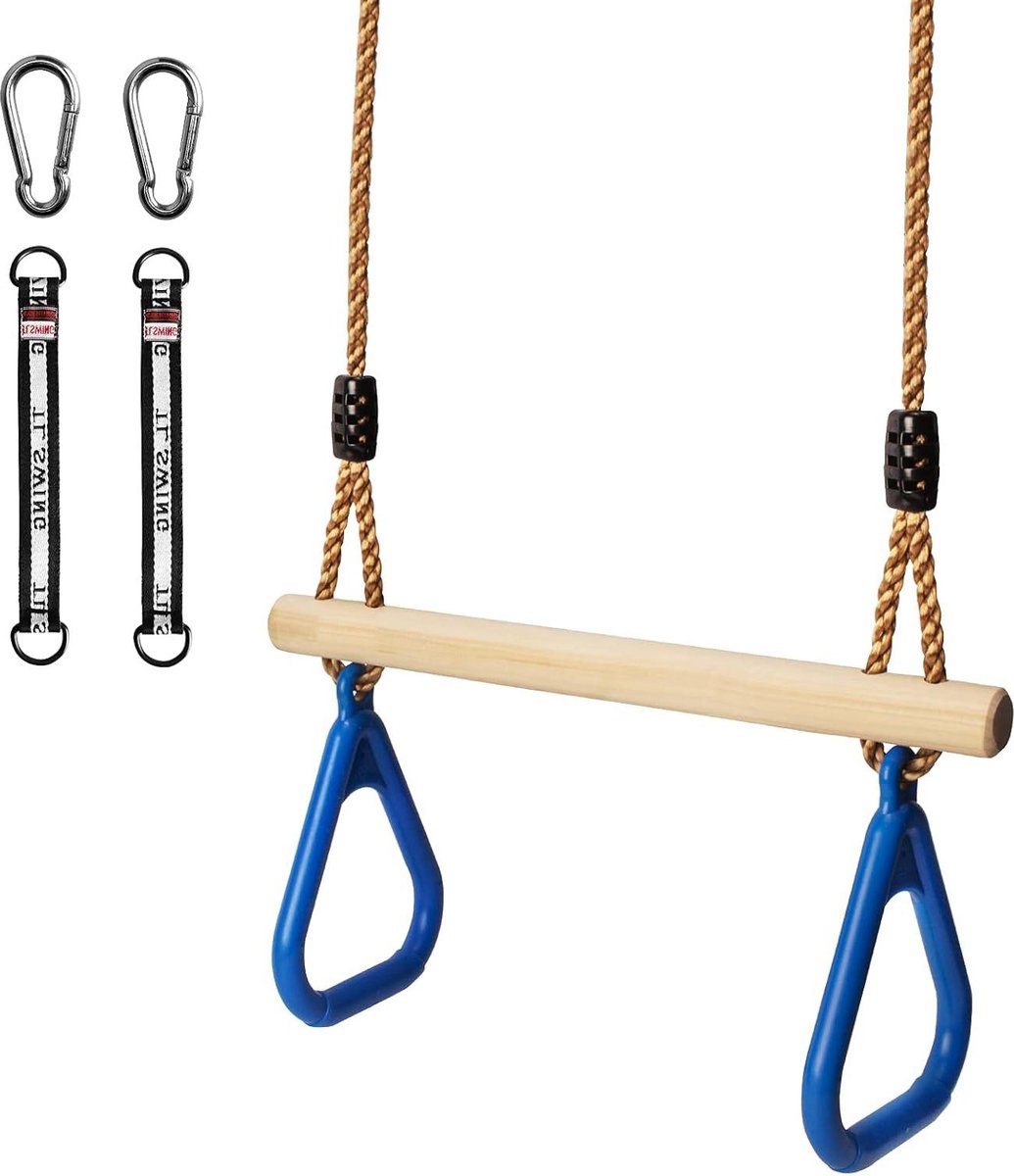 Multifunctionele houten trapeze schommel met kunststof turnringen blauw tot 120KG