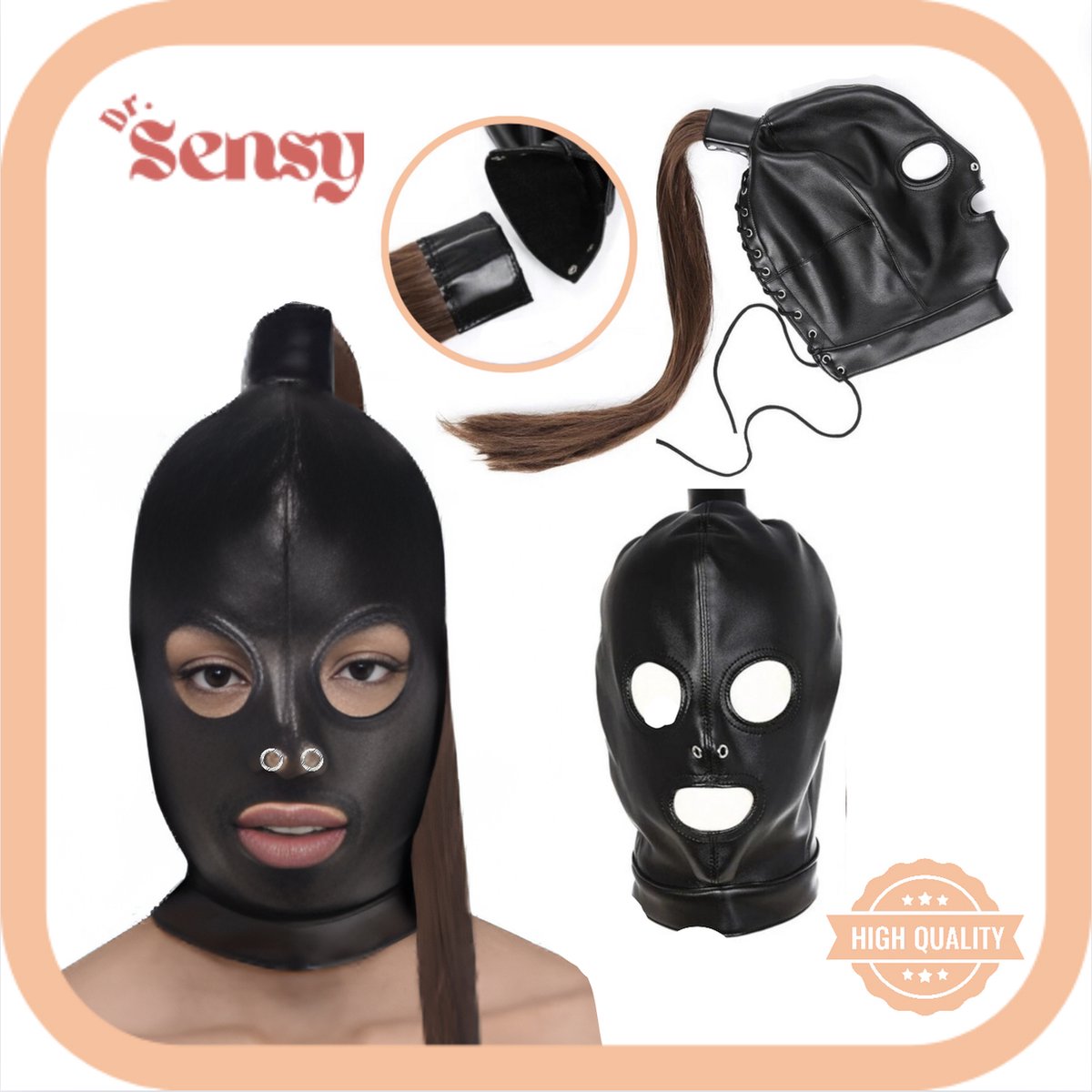Goedkoopste Dr. Sensy BDSM masker met afneembare bruine paardenstaart - Zwart - paardenstaart - SM - Bondage Masker - Sex Masker